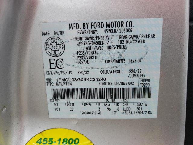 1FMCU03GX9KC24240 - 2009 FORD ESCAPE XLT SILVER photo 13