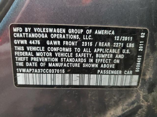 1VWAP7A37CC037015 - 2012 VOLKSWAGEN PASSAT S GRAY photo 12