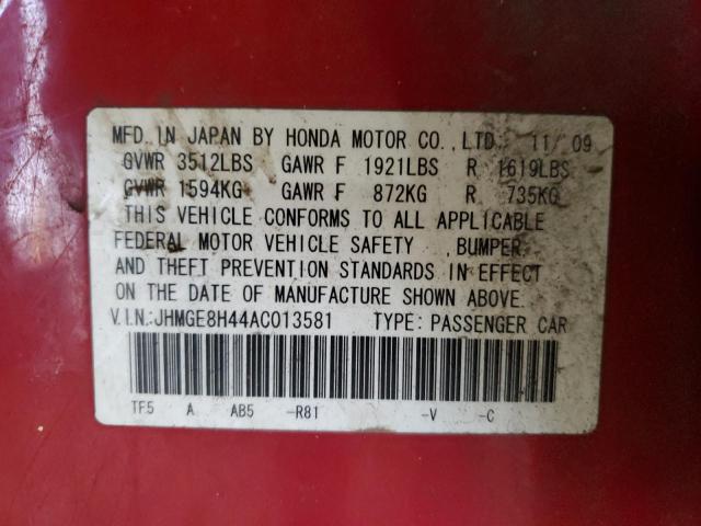 JHMGE8H44AC013581 - 2010 HONDA FIT SPORT RED photo 12