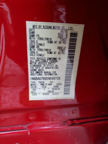 1N6BA07B65N568726 - 2005 NISSAN TITAN XE RED photo 12