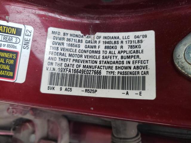 19XFA16649E027666 - 2009 HONDA CIVIC LX-S MAROON photo 13