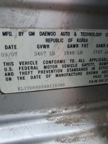 KL1TD56658B115386 - 2008 CHEVROLET AVEO BASE SILVER photo 12