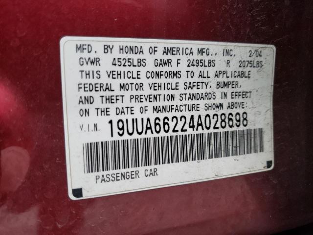 19UUA66224A028698 - 2004 ACURA TL RED photo 12