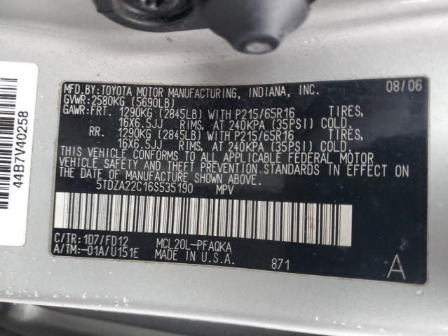 5TDZA22C16S535190 - 2006 TOYOTA SIENNA XLE SILVER photo 12