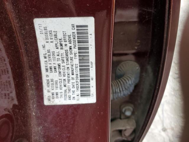 1HGCR2F36HA137922 - 2017 HONDA ACCORD LX MAROON photo 12