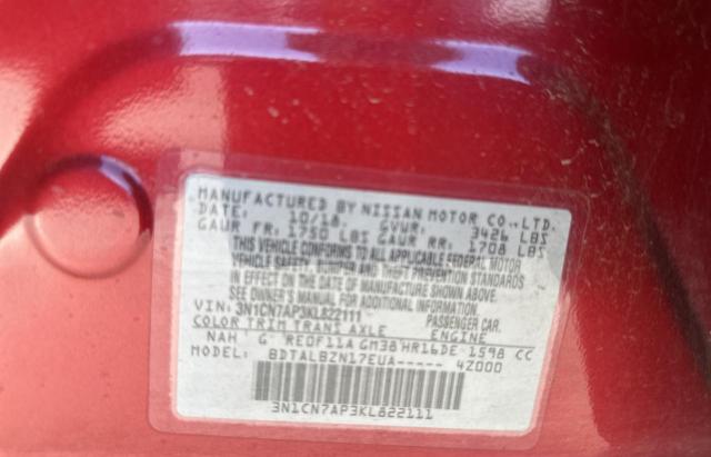 3N1CN7AP3KL822111 - 2019 NISSAN VERSA S RED photo 10