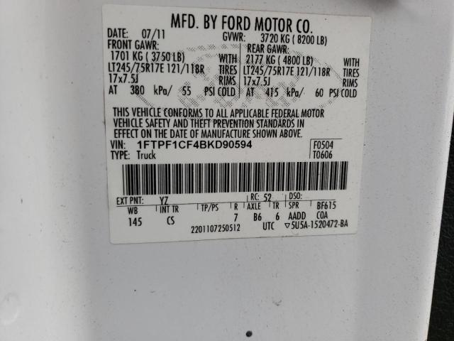 1FTPF1CF4BKD90594 - 2011 FORD F150 WHITE photo 12