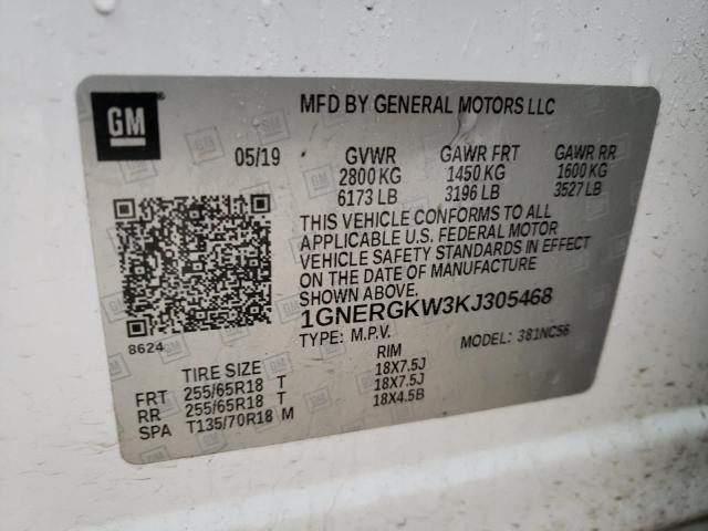 1GNERGKW3KJ305468 - 2019 CHEVROLET TRAVERSE LT WHITE photo 13