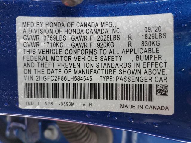 2HGFC2F86LH584545 - 2020 HONDA CIVIC SPORT 蓝色 照片 13