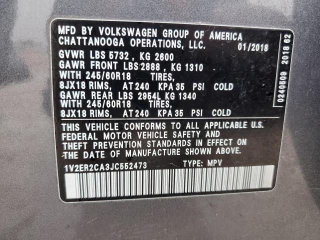 1V2ER2CA3JC552473 - 2018 VOLKSWAGEN ATLAS SEL GRAY photo 13