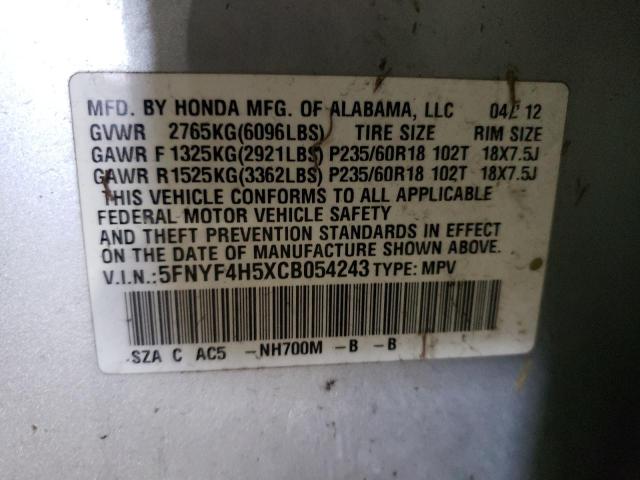 5FNYF4H5XCB054243 - 2012 HONDA PILOT EXL SILVER photo 13