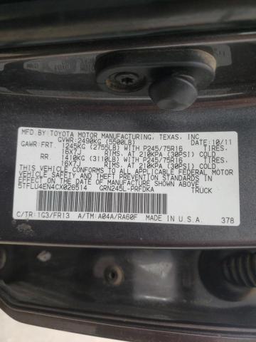 5TFLU4EN4CX026514 - 2012 TOYOTA TACOMA DOUBLE CAB ნაცრისფერი ფოტო 12