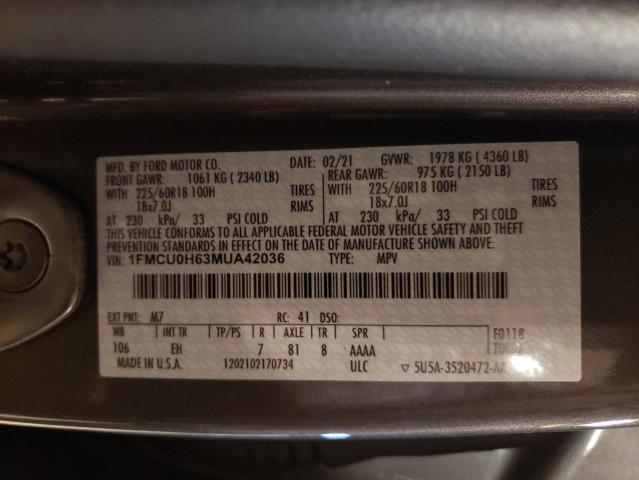 1FMCU0H63MUA42036 - 2021 FORD ESCAPE SEL GRAY photo 12