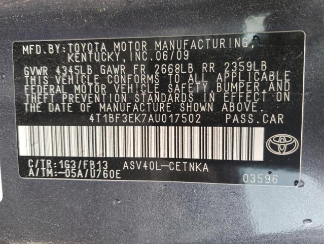 4T1BF3EK7AU017502 - 2010 TOYOTA CAMRY BASE GRAY photo 12