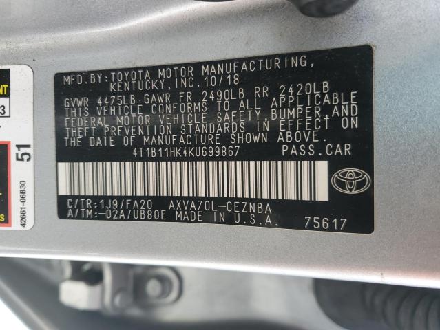 4T1B11HK4KU699867 - 2019 TOYOTA CAMRY L SILVER photo 13