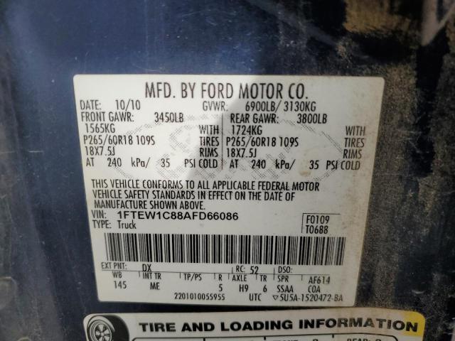 1FTEW1C88AFD66086 - 2010 FORD F150 SUPERCREW BLUE photo 12