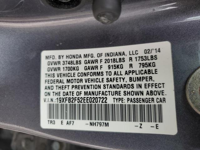 19XFB2F52EE020722 - 2014 HONDA CIVIC LX GRAY photo 12