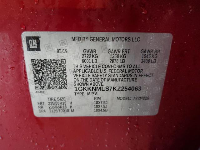 1GKKNMLS7KZ254063 - 2019 GMC ACADIA SLT-1 RED photo 12