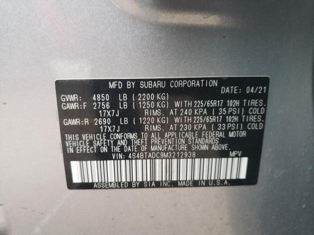 4S4BTADC9M3212938 - 2021 SUBARU OUTBACK PREMIUM SILVER photo 12