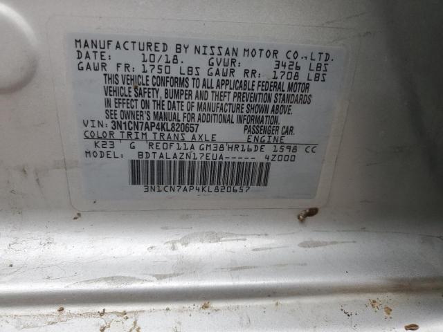 3N1CN7AP4KL820657 - 2019 NISSAN VERSA S SILVER photo 12