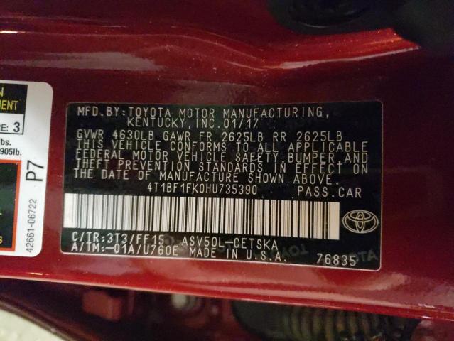 4T1BF1FK0HU735390 - 2017 TOYOTA CAMRY SE LE 勃艮第红 照片 12