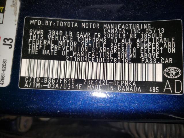 2T1BU4EE1DC078016 - 2013 TOYOTA COROLLA BASE BLUE photo 12