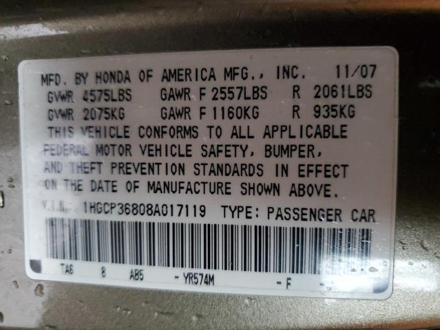 1HGCP36808A017119 - 2008 HONDA ACCORD EXL TAN photo 12