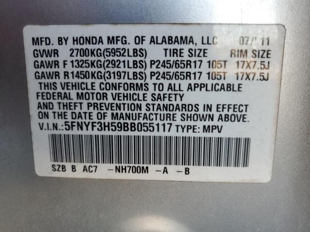 5FNYF3H59BB055117 - 2011 HONDA PILOT EXL SILVER photo 14