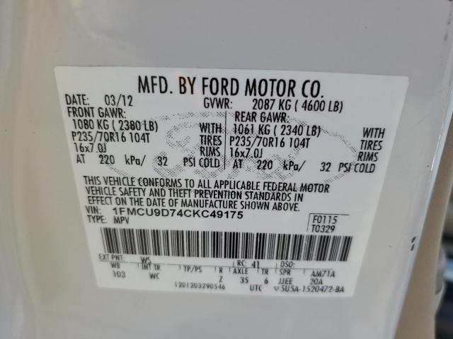 1FMCU9D74CKC49175 - 2012 FORD ESCAPE XLT WHITE photo 13