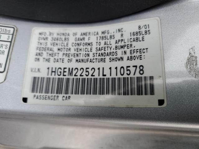 1HGEM22521L110578 - 2001 HONDA CIVIC LX SILVER photo 12