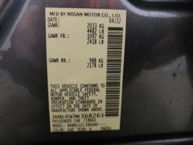 1N4BL4CW7NN368263 - 2022 NISSAN ALTIMA SR CHARCOAL photo 12