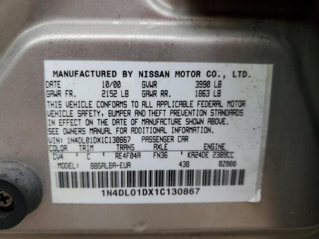 1N4DL01DX1C130867 - 2001 NISSAN ALTIMA XE TAN photo 12