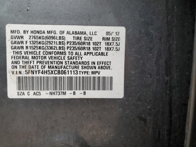 5FNYF4H5XCB061113 - 2012 HONDA PILOT EXL SILVER photo 12