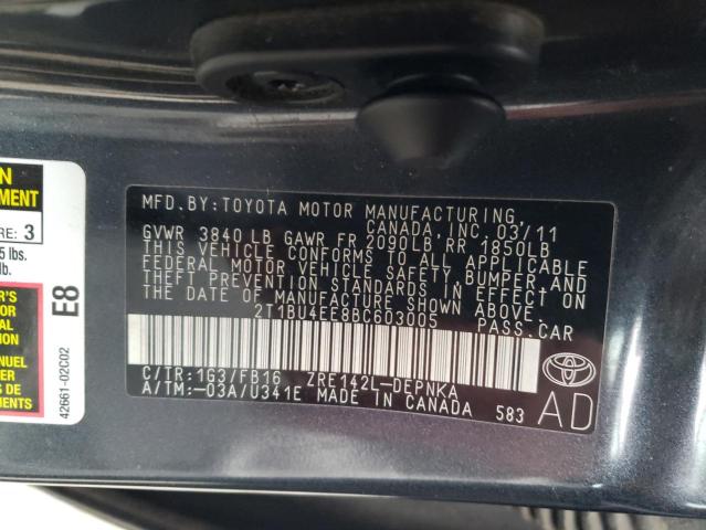 2T1BU4EE8BC603005 - 2011 TOYOTA COROLLA BASE GRAY photo 12