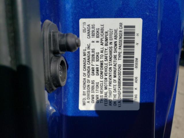 2HGFC4B89KH307243 - 2019 HONDA CIVIC SPOR BLUE photo 12