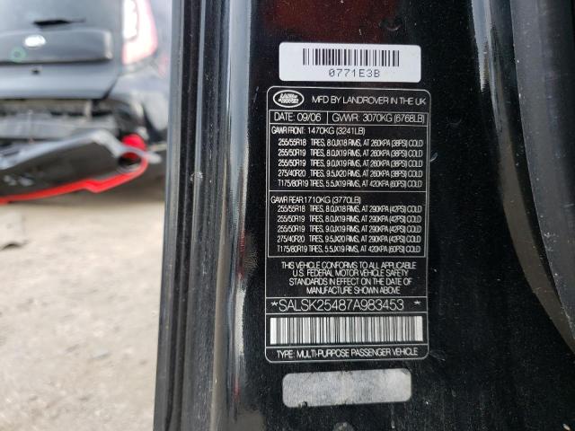 SALSK25487A983453 - 2007 LAND ROVER RANGE ROVE HSE BLACK photo 12