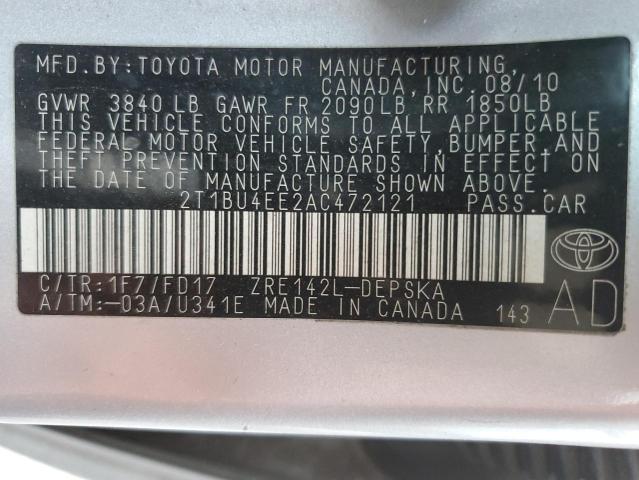 2T1BU4EE2AC472121 - 2010 TOYOTA COROLLA BASE BLUE photo 12