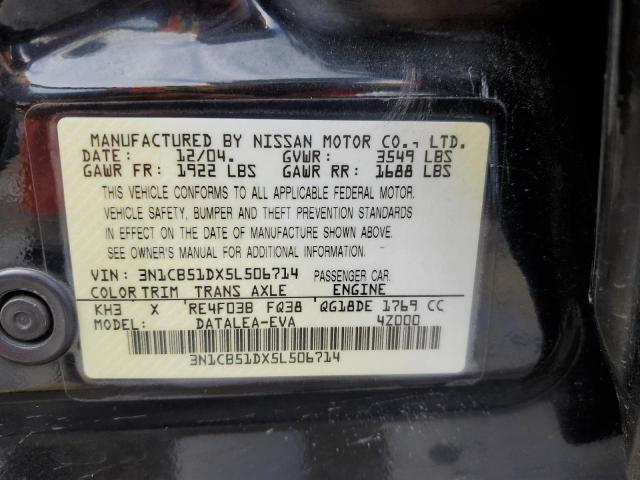 3N1CB51DX5L506714 - 2005 NISSAN SENTRA 1.8 BLACK photo 12