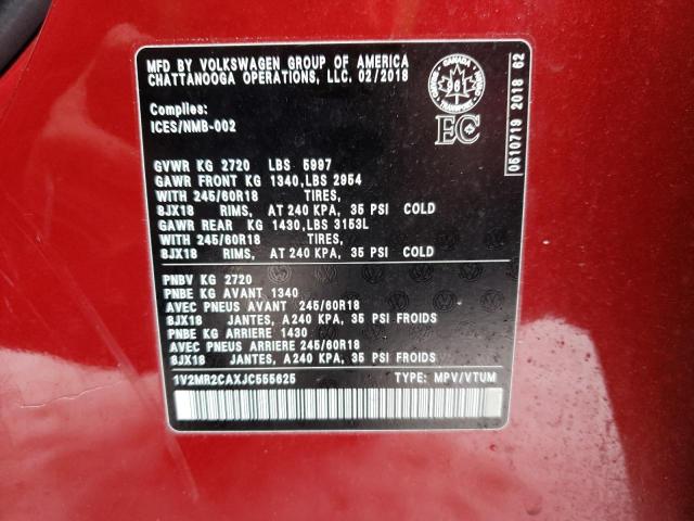 1V2MR2CAXJC555625 - 2018 VOLKSWAGEN ATLAS SEL RED photo 13