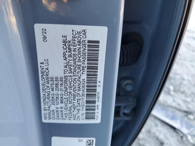 1HGCV1F36NA080624 - 2022 HONDA ACCORD SPORT GRAY photo 12