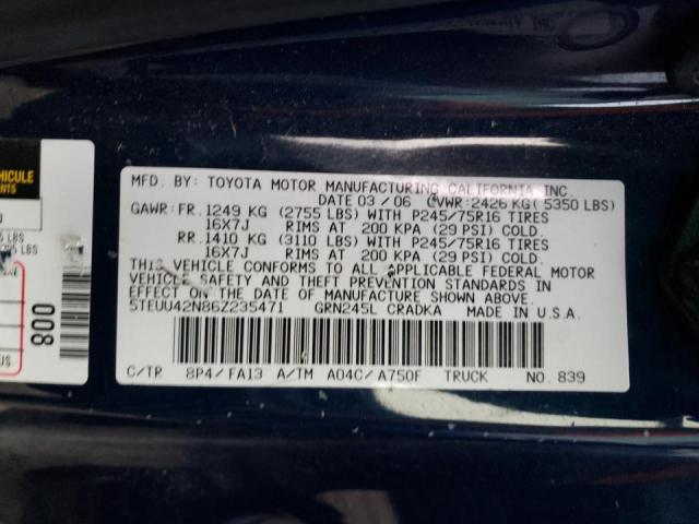 5TEUU42N86Z235471 - 2006 TOYOTA TACOMA ACCESS CAB ლურჯი ფოტო 12