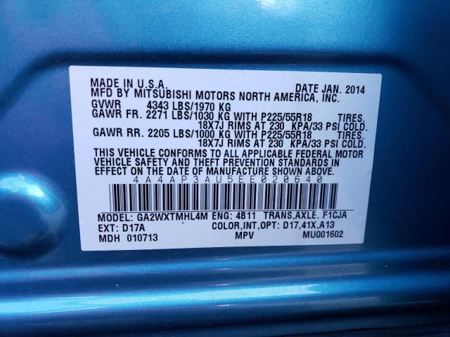 4A4AP3AU5EE020640 - 2014 MITSUBISHI OUTLANDER ES 蓝色 照片 13