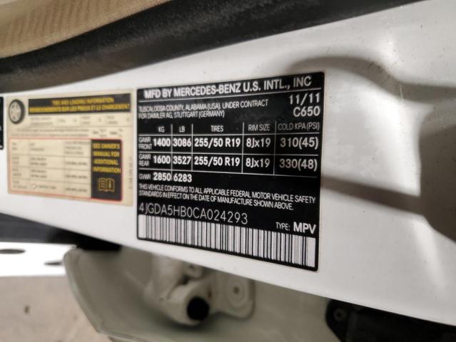 4JGDA5HB0CA024293 - 2012 MERCEDES-BENZ ML 350 4MATIC WHITE photo 12