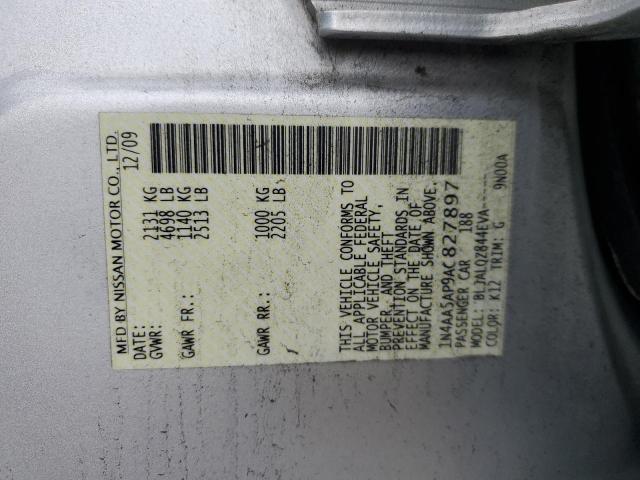 1N4AA5AP9AC827897 - 2010 NISSAN MAXIMA S SILVER photo 12