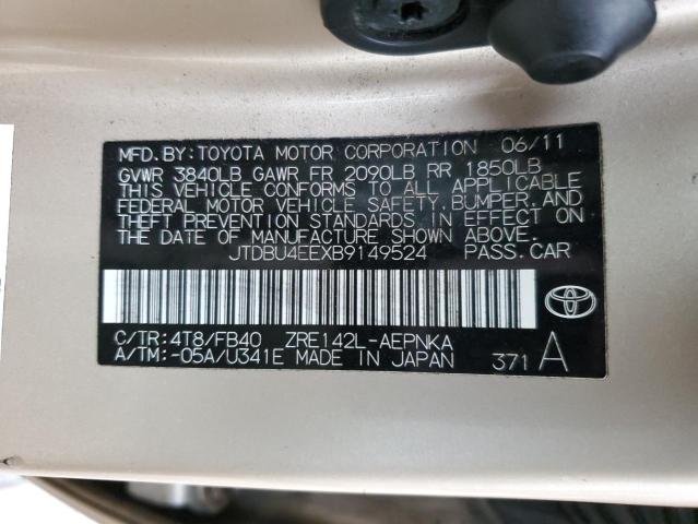 JTDBU4EEXB9149524 - 2011 TOYOTA COROLLA BASE GOLD photo 12