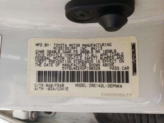 5YFBU4EEXDP190328 - 2013 TOYOTA COROLLA BASE WHITE photo 13