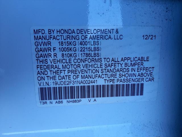 19UDE2F31NA002441 - 2022 ACURA ILX WHITE photo 12