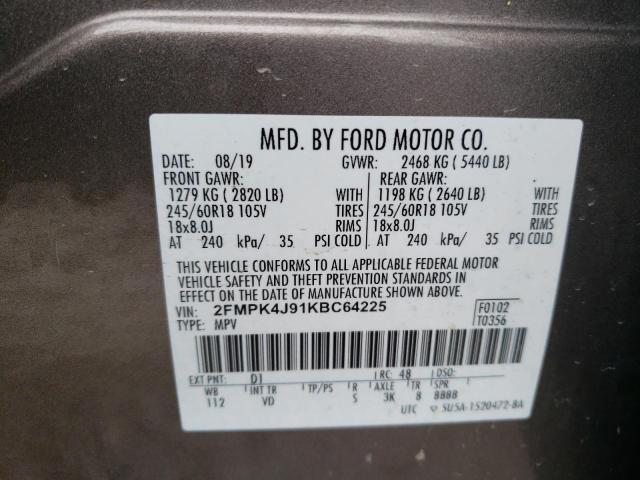 2FMPK4J91KBC64225 - 2019 FORD EDGE SEL BROWN photo 12