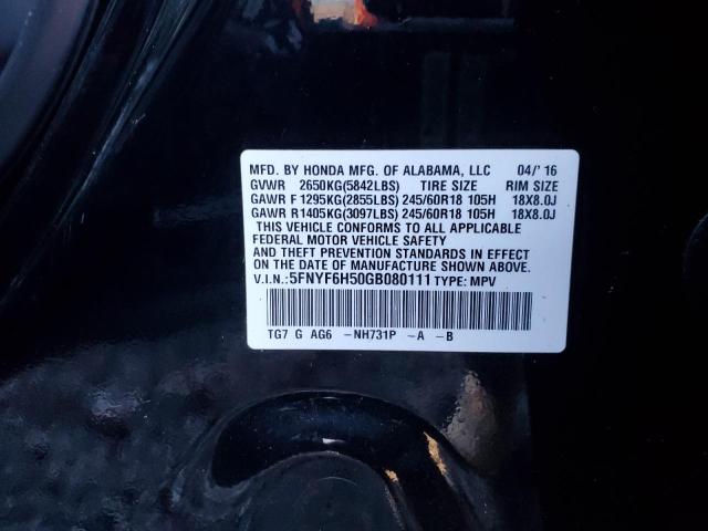 5FNYF6H50GB080111 - 2016 HONDA PILOT EXL BLACK photo 13