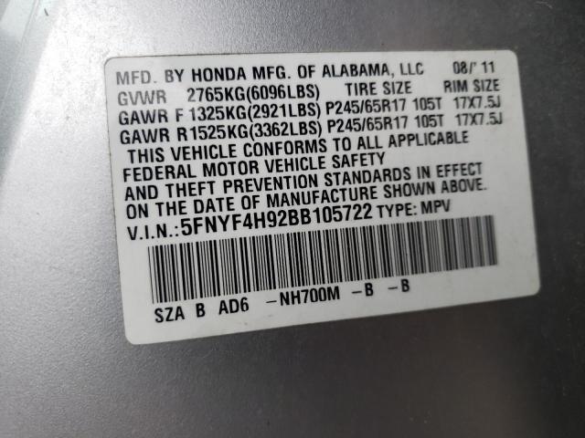 5FNYF4H92BB105722 - 2011 HONDA PILOT TOURING SILVER photo 12